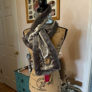 Women's CANDIES Gray Pull Through Sparkling Sequin & Faux Fur Scarf